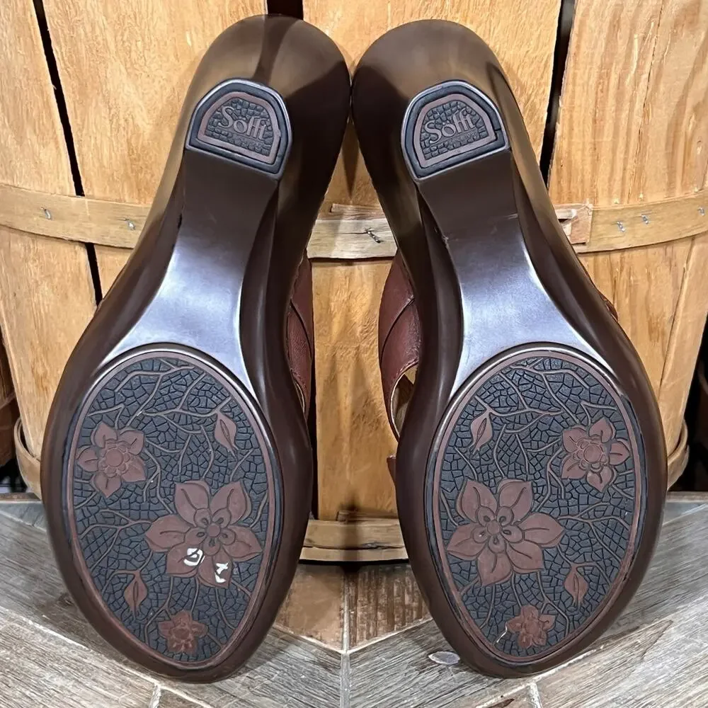 Sofft Brown Leather Toe Loop Thong Wedge Heeled Sandals Womens Size 8